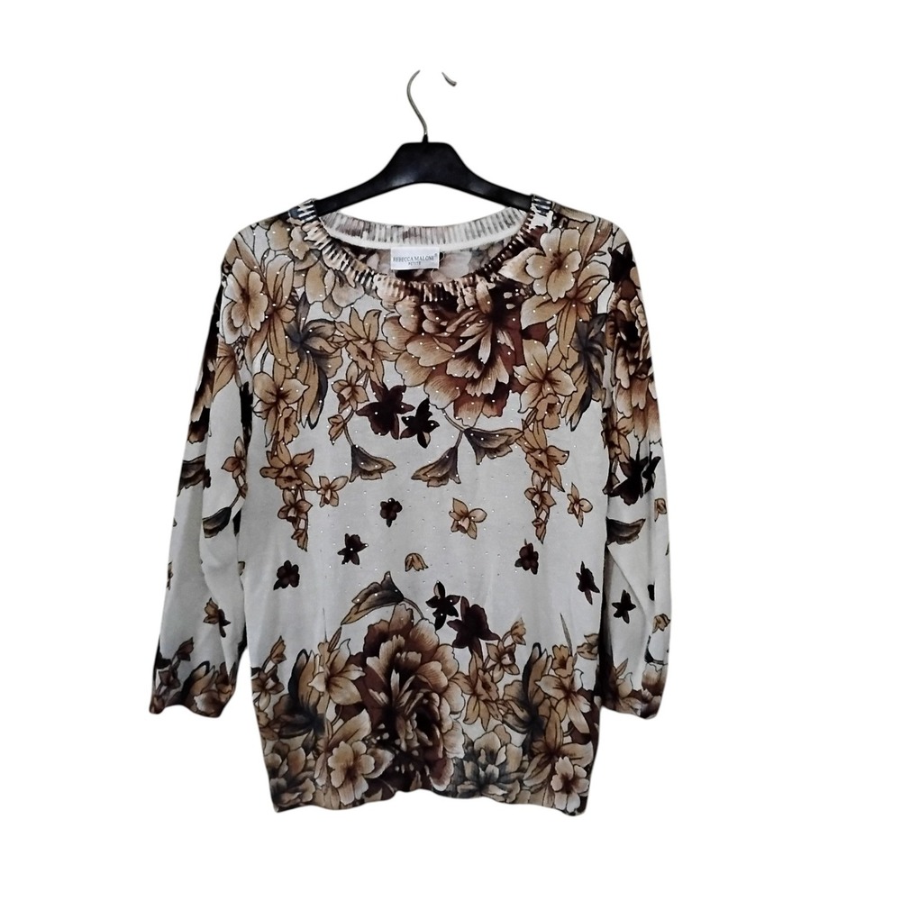 Rebecca Malone Petite Floral Knit Sweater Brown Cream Rhinestone Medium PM